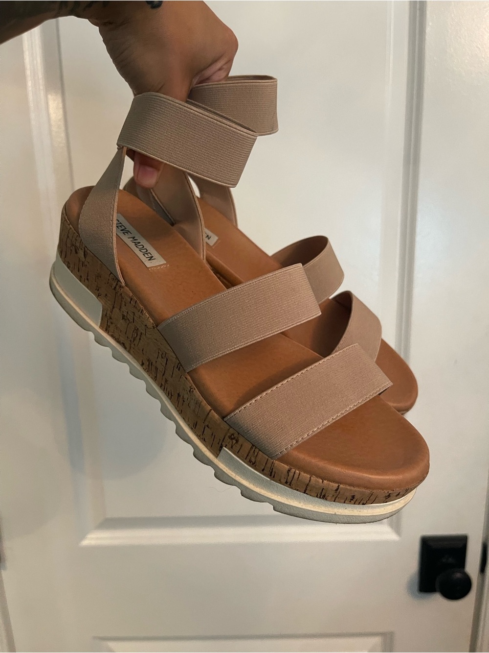 Steve Madden Beige Cork Wedge Sandals with Elastic Straps